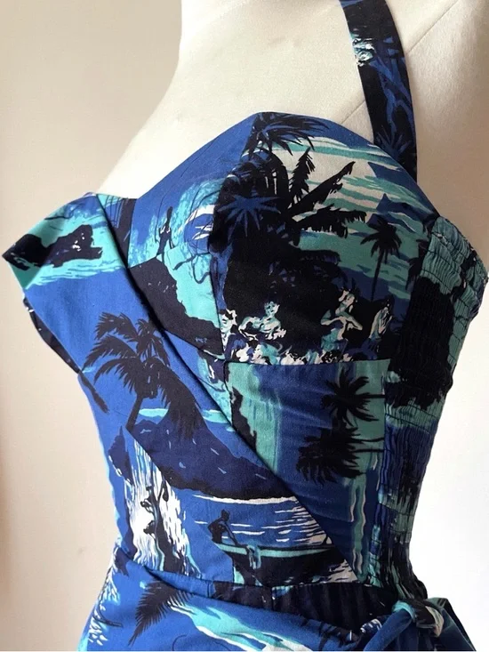 Rare Vtg 1950s Alfred Shaheen blue Hawaii island scene sweetheart wrap dress XS - Picture 4 of 16